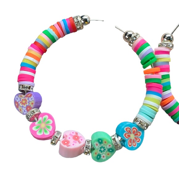 Multicolored Clay Polymer Beaded Hoop Earrings - Picture 2 of 4